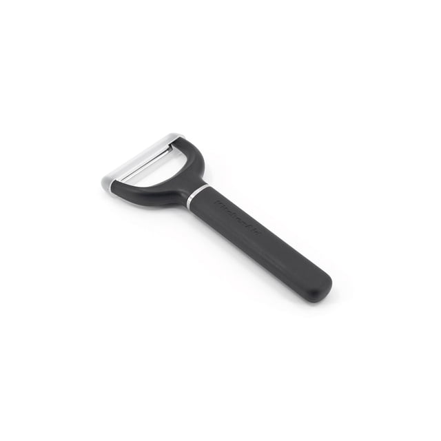 KitchenAid Y Peeler - Black with a Y-shaped nonslip silicone handle and ultra-sharp stainless steel blade, including a protective cover, ideal for peeling fruits, vegetables, chocolates, and cheeses.