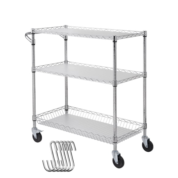 KFFKFF Chariot de Cuisine à 3 Niveaux, Chariot Roulant en Fil Métallique avec une Capacité de Charge de 661 Lb, Chariot de Service Mobile en Acier, Chariot de Rangement Métallique avec Panier de 80 mm, Poignée Courbée, Doublure en PP