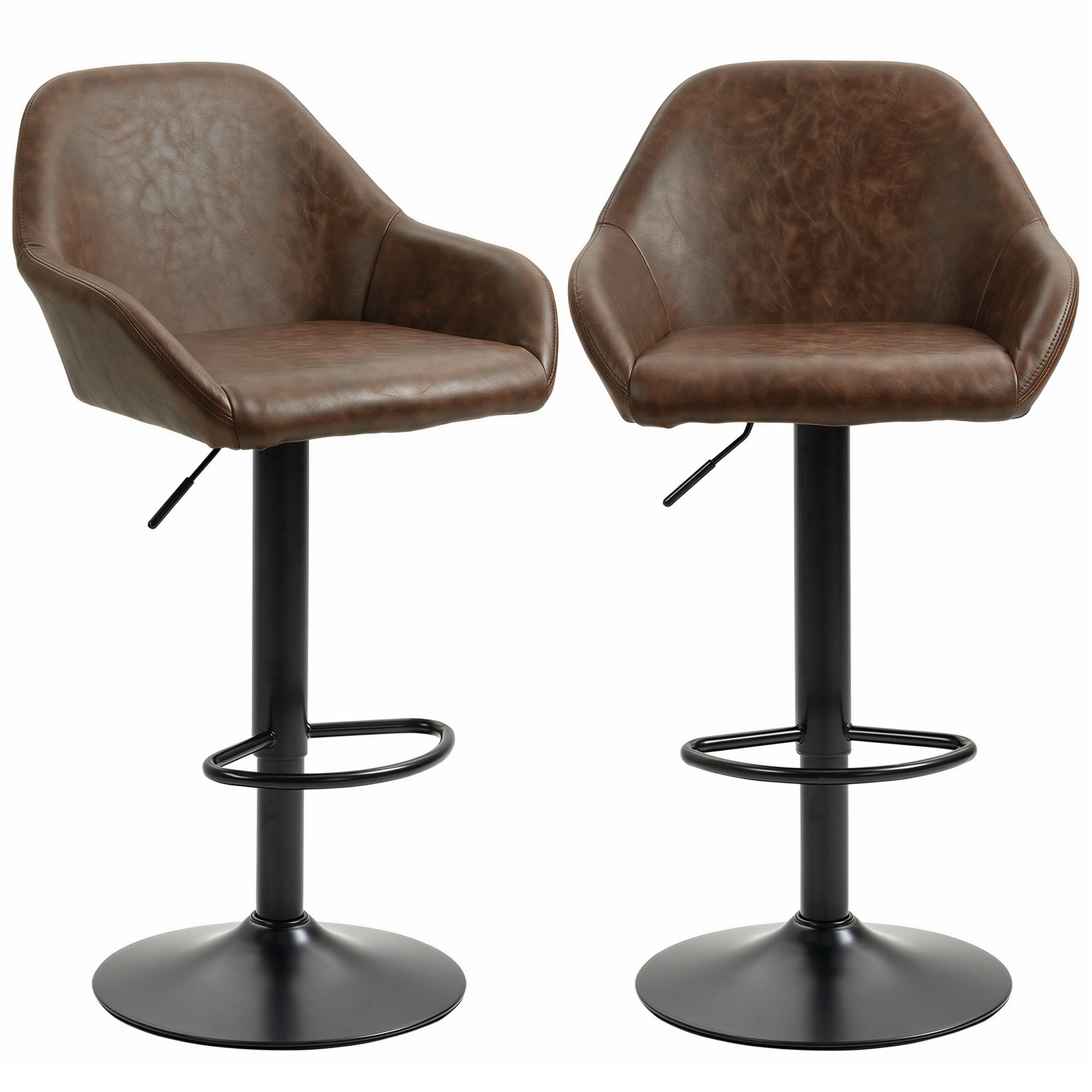 HOMCOM Adjustable Bar Stools Set of 2, Swivel Dining Chairs with Footrest and Back, Modern PU Leather and Steel Round Base, for Kitchen Counter and Dining Room, Coffee