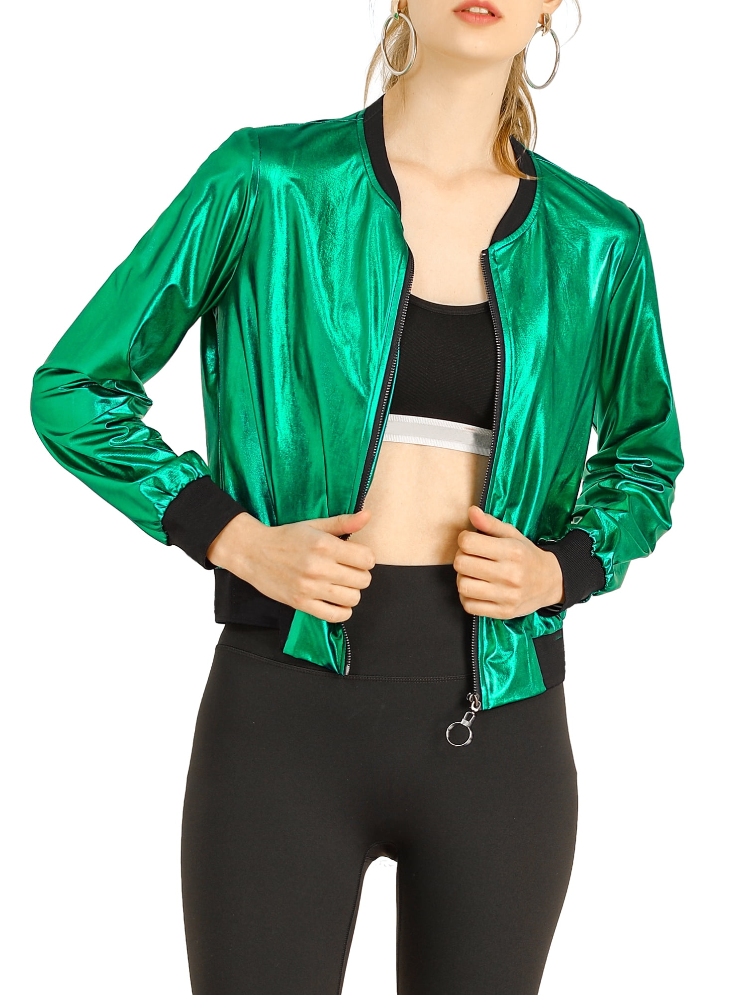 INSPIRE CHIC Women's Costume Stand Collar Metallic Zip Crop Length Bomber Jacket