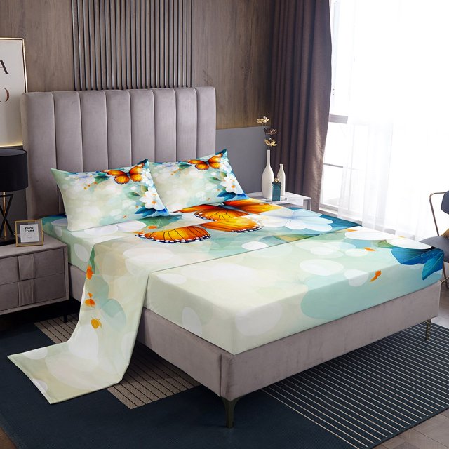 Erosebridal Wild Butterfly Bed Sheets Set Full Size, Spring Garden Blossoms Bedding Sets Full Size 4-Piece
