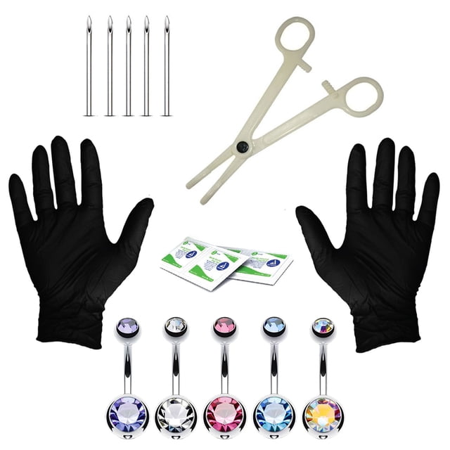 Body Piercing Kit 14G Piercing Kit for Belly Button 14 Gauge - 15 Pieces. Includes 5 sterilized 14-gauge piercing needles, 5 crystal gem belly rings, 2 alcohol prep pads, 1 piercing clamp, and 1 pair of black gloves. Ideal for body jewellery and body accessories applications.