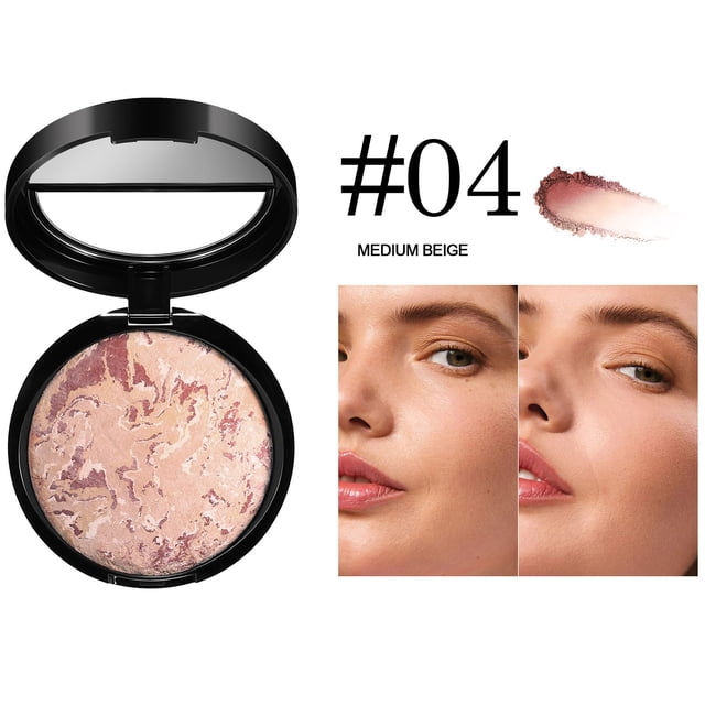 Gspmoly Protein Powder, Baking Powder Powder Set Makeup Oil Control Fine Glitter High Gloss and Powder 15G Collagen Powder. The image features a black compact containing a marbled powder in pink and beige tones, designed for makeup setting, oil control, and highlighting. The compact includes a built-in mirror, and the product is labeled as #04. A swatch of the powder is displayed, highlighting its fine texture and warm tone.
