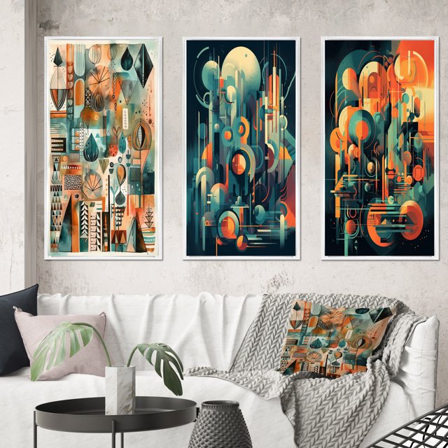 Designart "Mid Century Innovations Green and Orange II" Modern Midcentury Framed Wall Art Set Of 3 - Green Midcentury Frame Canvas Set For Living Room Decor