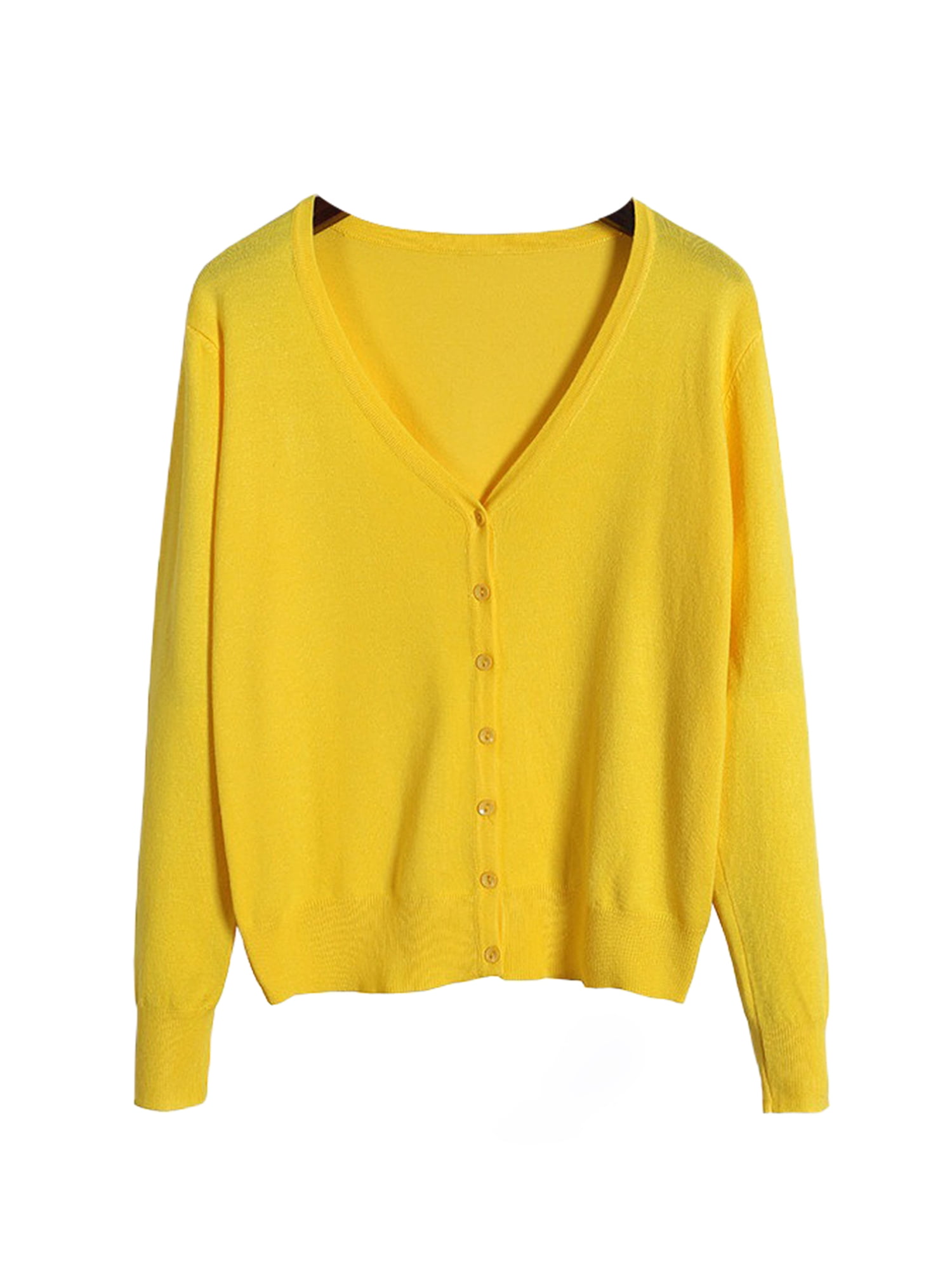 Innerwin Cardigan Sweater V Neck Ladies Coat Fall Solid Color Loose Outwear Yellow M