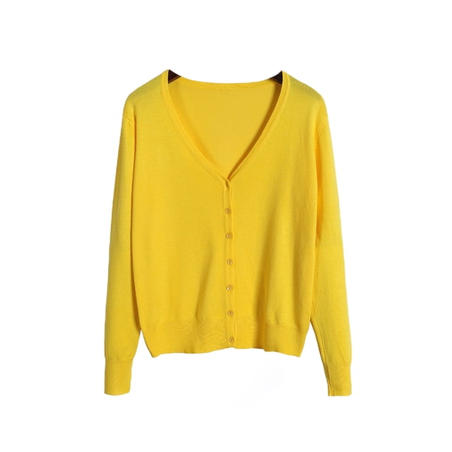Innerwin Cardigan Sweater V Neck Ladies Coat Fall Solid Color Loose Outwear Yellow 3XL