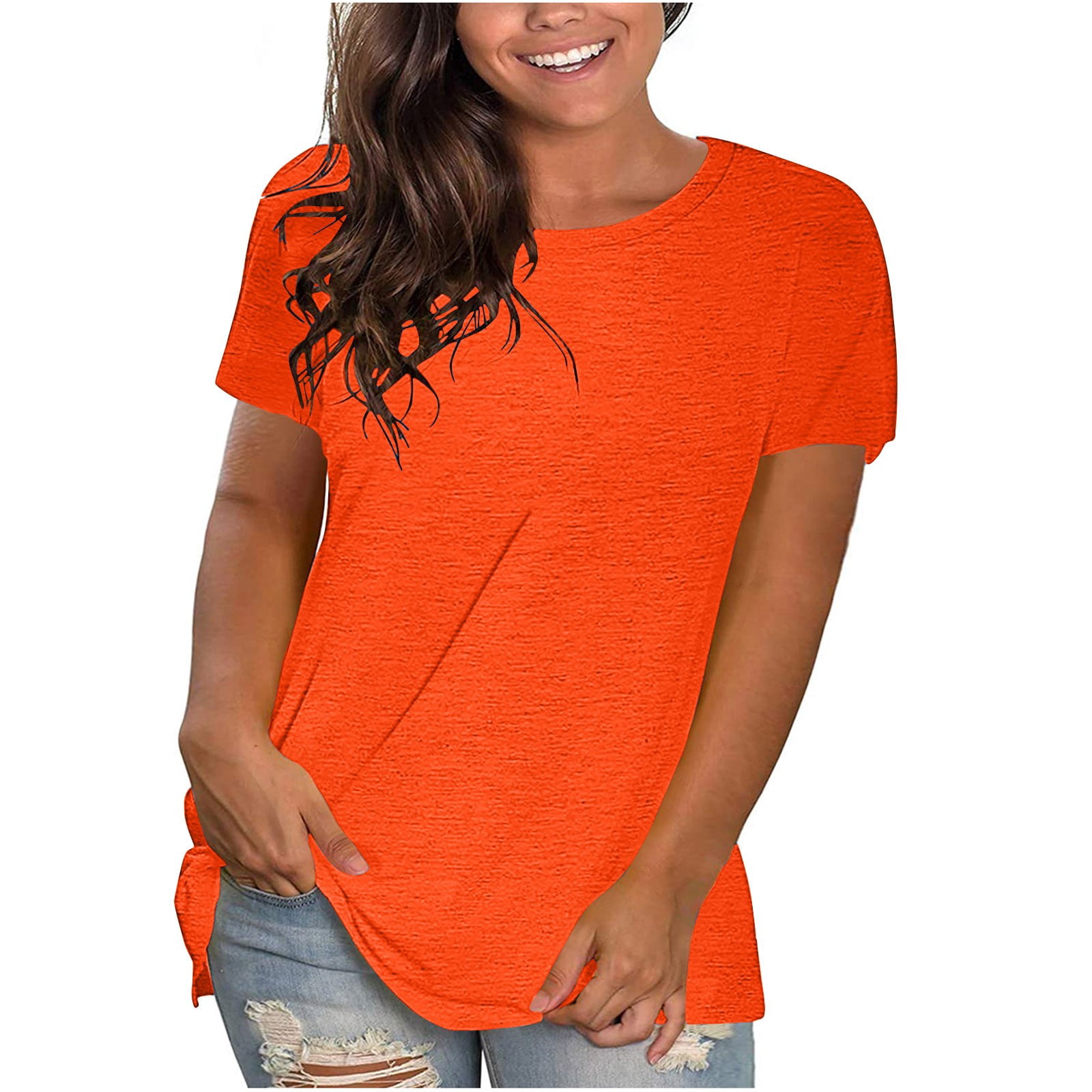 Timegard Hauts d'Été pour Femmes Col Rond Manches Courtes Couleur Unie Confortables Décontractés Amples Hauts T-Shirts Basiques