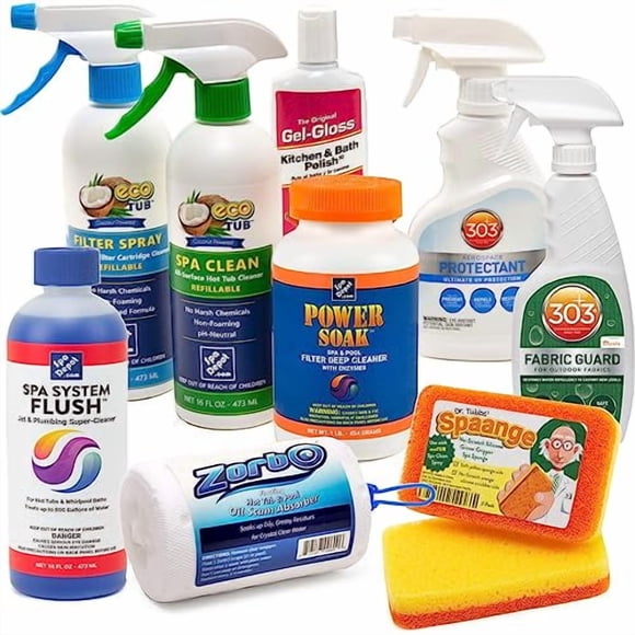 Kit de Fournitures de Nettoyage pour Spa : Cire de Coque, Protecteur de Couvercle de Spa, Nettoyant de Cartouche de Filtre, Nettoyant pour Oreillers et Armoires, Tampons à Récurer Spaange, Chasse du Système de Spa, Absorbeur de Résidus ZorbO