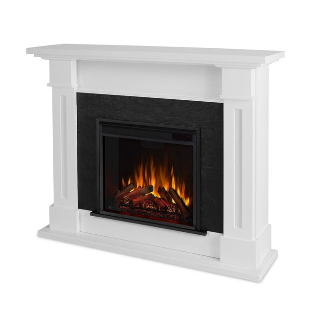 Kipling 54" Electric Fireplace with white carved pilasters and black textured surround, featuring a Real Flame VividFlame electric firebox displaying realistic flickering orange and red flames over glowing logs, providing supplemental heat for rooms up to 1000 sq ft with adjustable thermostat, six flame colors, and automatic safety shut-off.