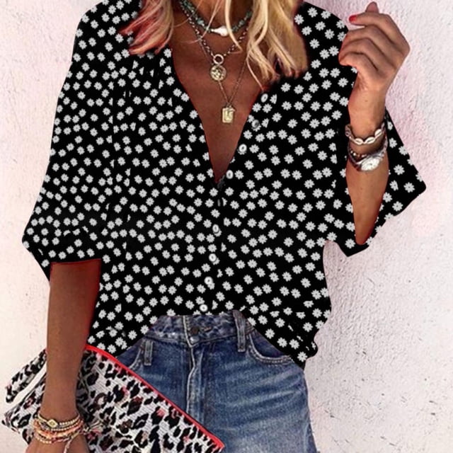 CEHVOM Chemise Femme Mode à Col en V à Imprimé Floral à Manches 3/4 Blouse Ample Haut