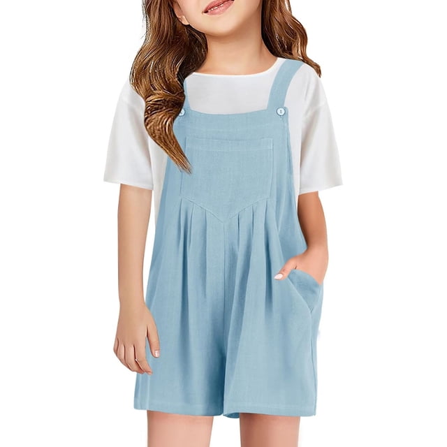 Wdgfv Girls Overall Shorts Kids Summer Casual Adjustable Strap Rompers Light Blue 4-5 Years