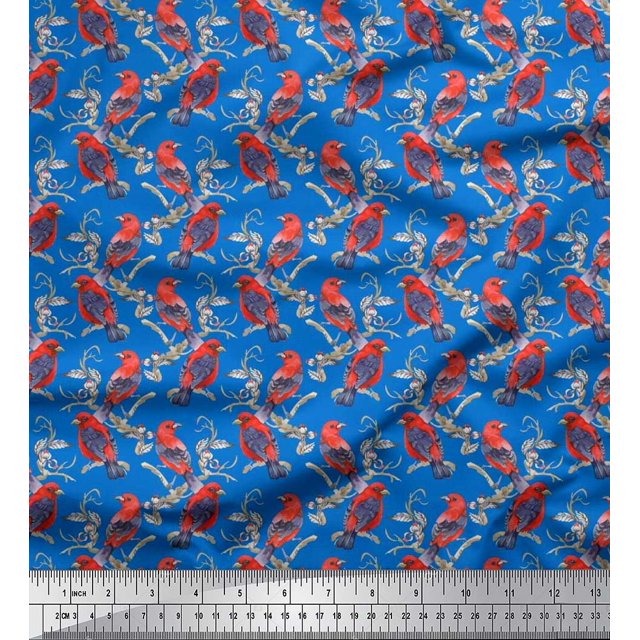 Soimoi Blue Poly Georgette Fabric Branches & American Robin Bird Decor Fabric Printed BTY 52 Inch Wide