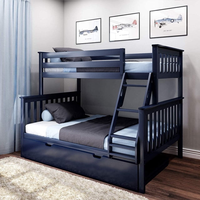BEDSMART Solid Wood Twin Over Full Bunk Bed With Trundle | Blue