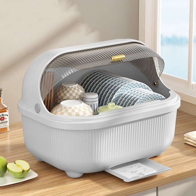 Vadktai Dish Drying Rack and Drain Board with Lid Cover, featuring a 4-piece design including a transparent lid, detachable dish drainer with utensil holder, heavy-duty case, and deep built-in drain board. The medium-sized plastic dish drying box measures 13.78 x 10.63 x 11.42 inches, suitable for standard counter spaces. It is shown on a kitchen countertop, holding plates, bowls, and utensils, with a clear cover for dust-proof storage. Ideal for organizing and storing kitchen accessories, including baby bottles and kids' dishes.