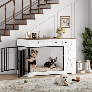 Homfa Cage pour Chien avec Armoire de Rangement et 2 Tiroirs, Style Meuble d'Intérieur, Grand Chenil pour Chien en Bois, Blanc