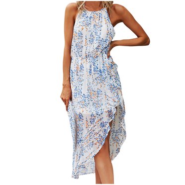 Robe Bohème d'Été pour Femmes Sans Manches à Col Licou à Imprimé Floral Robe de Plage Fluide Légère à Double Couche Robe Irrégulière