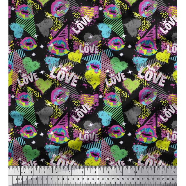 Soimoi Black Modal Satin Fabric Text,Lips & Heart Printed Fabric 1 Yard 42 Inch Wide