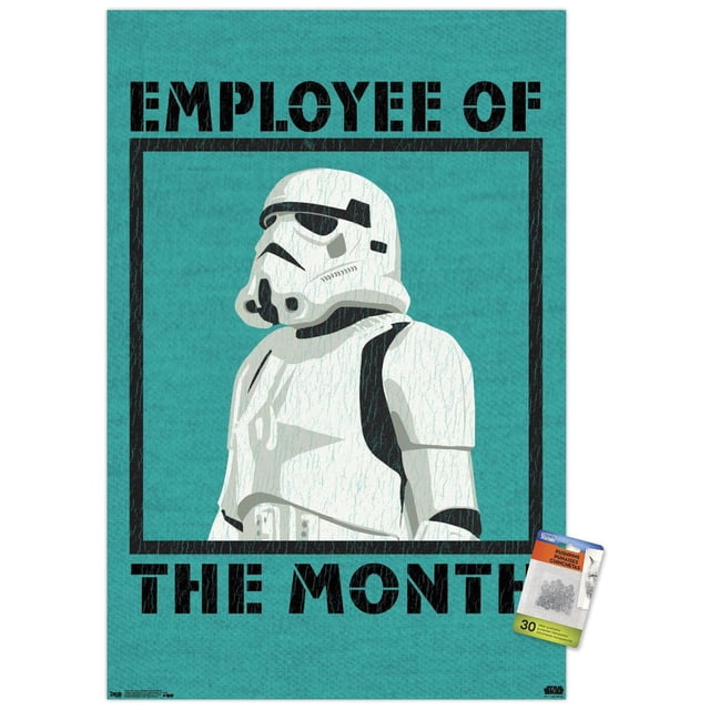 Star Wars : Saga - Affiche Murale « Employé du Mois », 22,375 Po x 34 Po, Représentant un Stormtrooper Blanc en Armure avec des Détails de Visière Noire, Centré sur un Fond Texturé Sarcelle, Encadré d'Un Texte au Pochoir Noir Vieilli Lisant « Employé du Mois », Imprimée sur Papier Lustré avec Pinces pour Affiche Incluses, Convient pour Décorer des Chambres, des Bureaux Ou des Résidences Étudiantes.