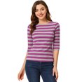 thumbnail image 1 of INSPIRE CHIC T-Shirts à Rayures pour Femmes Coupe Ajustée Manches au Coude Encolure Bateau T-Shirt S Rouge Rose, 1 of 5