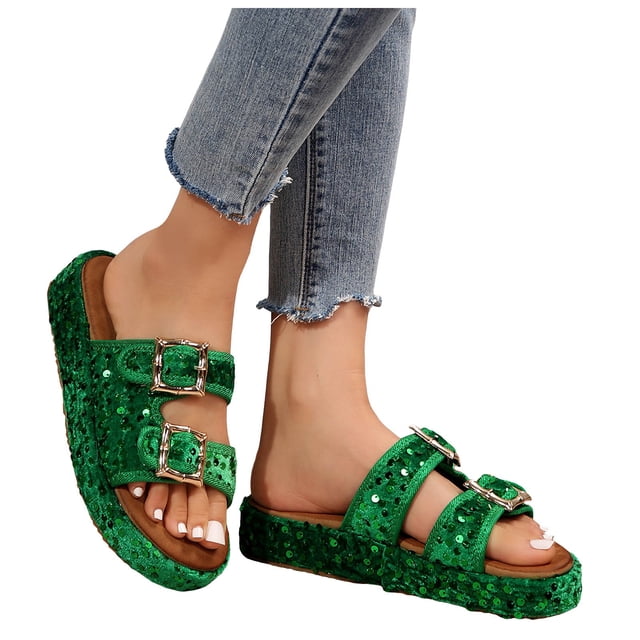 IUJSOY Womens Sandals Cork Footbed Slide Summer Beach Platform Sequin Adjustable Buckle Slippers