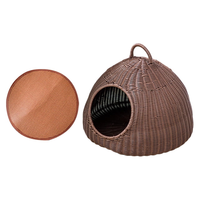 Imitation Rattan Cat Bed Cave Cat House Cat Tent Portable with Handle Kitten Pet Coffee with 1 Mat