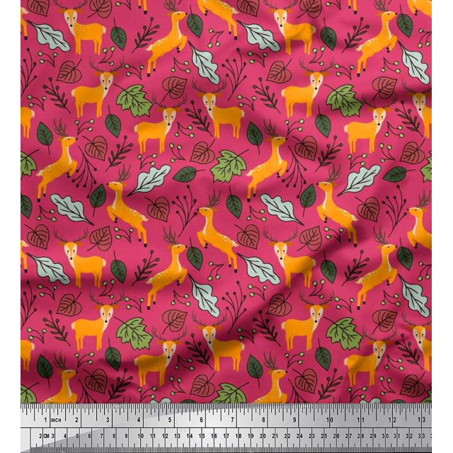 Soimoi Rayon Fabric Leaves & Reindeer Animal Print Fabric by Yard 42 Inch Wide