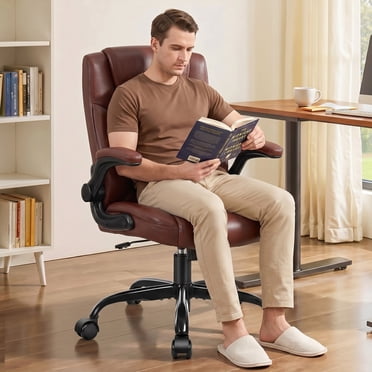 COOLHUT PU Leather Ergonomic Office Chair, Mid Back Home Computer Chair with Flip-up Armrest, Adjustable Height & Back Support, 360° Swivel Gaming Chair with Wheels & Rocking Function, Space Saving