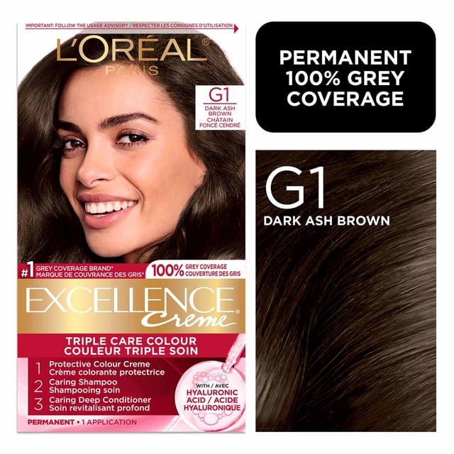 L'Oréal Paris Excellence Teinture Capillaire en Crème, Coloration Permanente des Cheveux avec Acide Hyaluronique. Trousse en Boîte Centrée pour l'Avant Montrant la Boîte de Marque et le Flacon Applicateur avec Étiquettes pour Triple Soin et Couverture des Cheveux Gris à 100 %, Formule en Crème Anti-Goutte et Hydratation à l'Acide Hyaluronique; Souvent Utilisé comme Retouche Racinaire entre les Visites en salon.