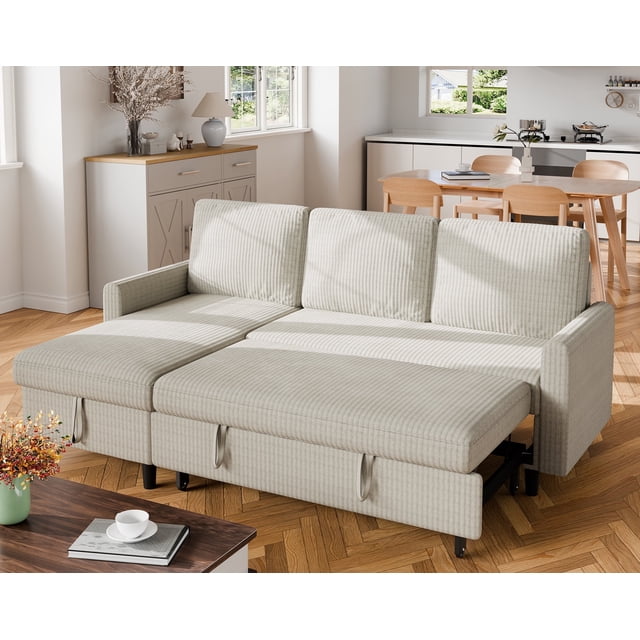 Walsunny Canapé Sectionnel-Lit Escamotable en L avec Méridienne Réversible avec Rangement pour Salons Petites Pièces Appartement, Blanc