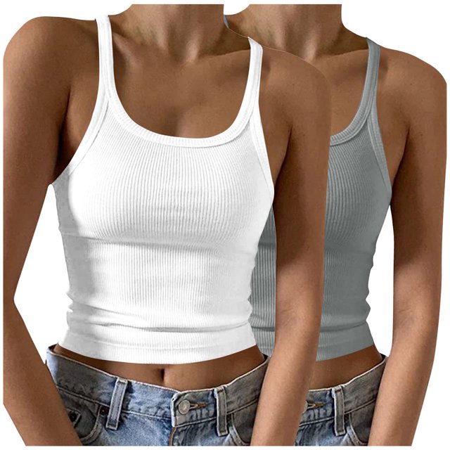 Timegard Camisoles 2 Pcs pour Femmes Col Rond Côtelé Sans Manches Ajusté Court Haut Décontracté Sortie Camis