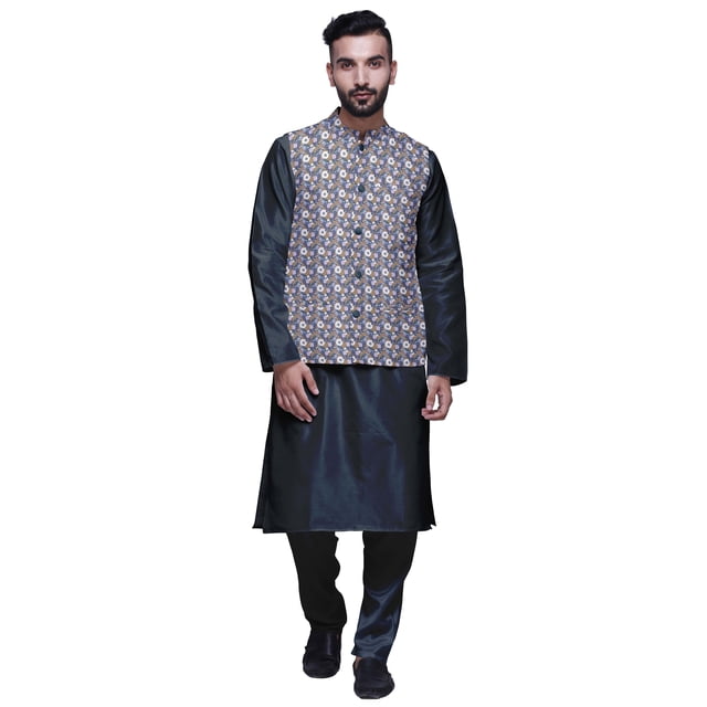 Atasi Ethnic Dupion Silk Kurta Pyajama Set With Printed Nehru Jacket For Mens