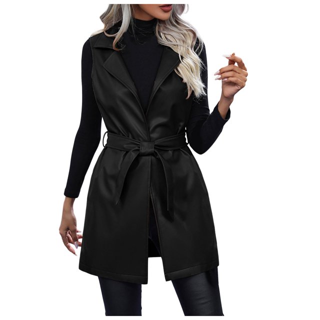 BYHONG Gilet Ceinture Uni pour Femme Veste en Cuir PU Col Rabattu Veste Manteau Manteaux pour Femmes Manteau pour Femme Noir TTG
