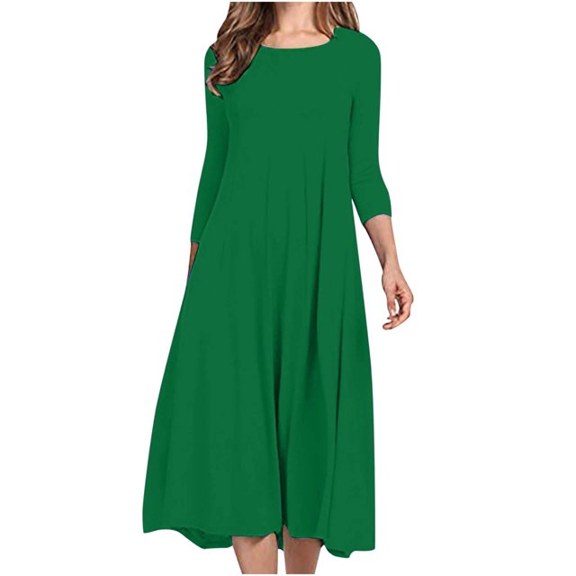 Pisexur Robe d'Automne pour Femme, Robe Maxi à Manches 3/4, Décontractée, à Cordon, Manches Mi-Longues, Taille Haute, Col Rond, Ample, Longue, avec Ceinture