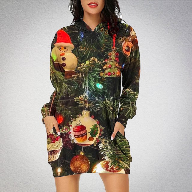 TIMIFIS Robe Chandail à Capuche Imprimé de Noël Laid pour Femmes Robe Midi Ample à Manches Longues avec Poche Cadeaux de Noël pour Femmes