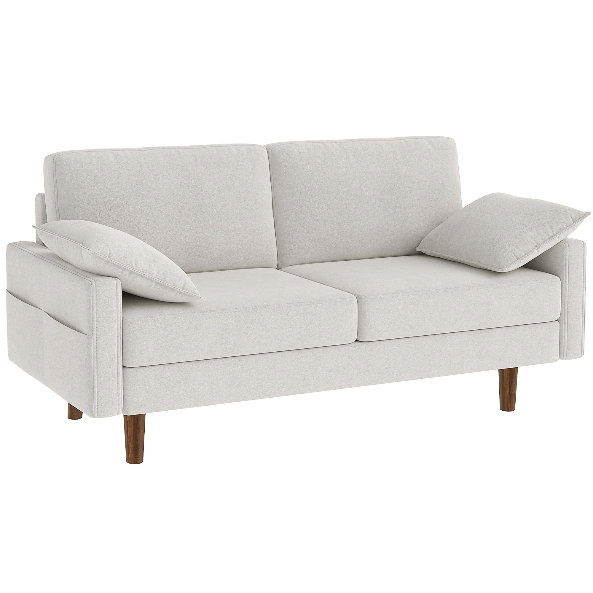HOMCOM 3 Seater Sofa,  66.5" Velvet Upholstered Couch with 2 Pillows, Cream