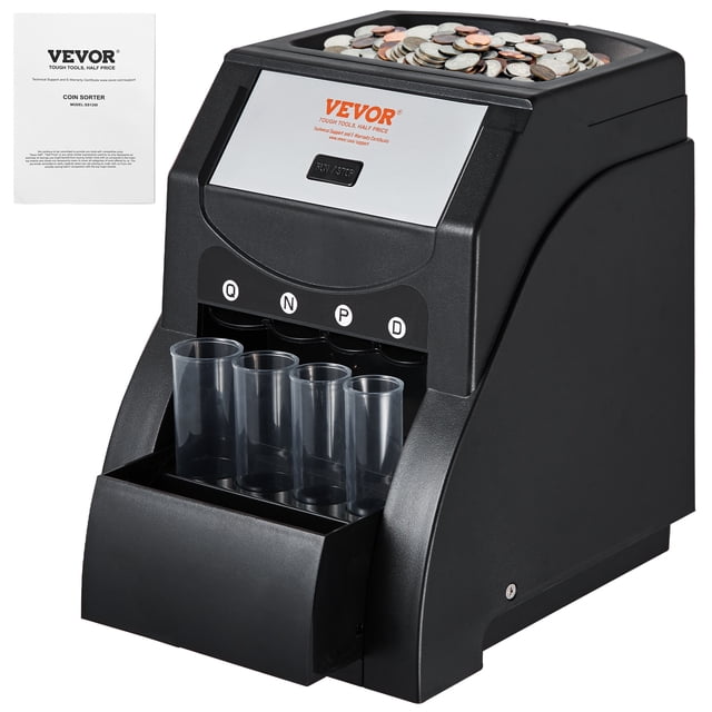 VEVOR Electric Coin Sorter and Wrapper Machine, 1 Count compact tabletop coin sorter with hopper, feeding chute and wrapper holder; sorts pennies, nickels, dimes and quarters at up to 230 coins per minute, 200-coin hopper capacity, 3.95 lbs; suited for retail tills, office cash handling and often used to sort tokens for storage convenience.