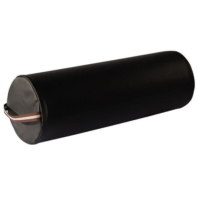 Master Massage Extra Large 9"x26" Full Round Bolster for Massage Table in black, a cylindrical massage accessory with smooth, easy-to-clean PU upholstery and a brown strap handle, ideal for muscle strain relief under knees or ankles.