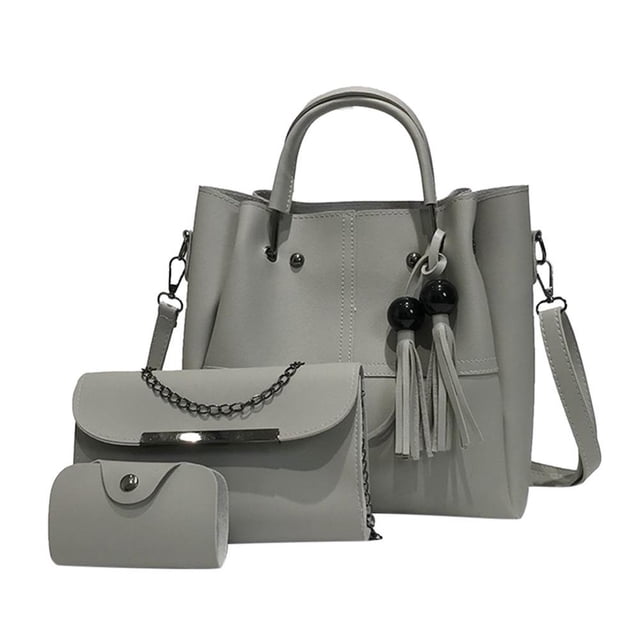 Ensemble de 3 Pcs Sacs Seau à Bandoulière en PU pour Femmes, Mode, Perles, Pompon (Gris)