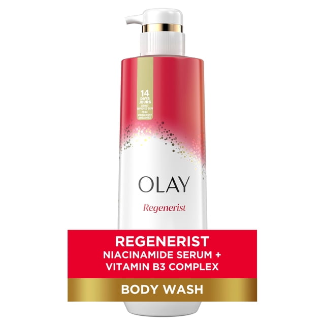 Olay Regenerist Body Wash with Niacinamide Serum Complex in a white and red pump bottle with gold accents, designed to deeply hydrate skin and smooth fine lines with visible results in 14 days, suitable for all skin types and free of parabens and phthalates.