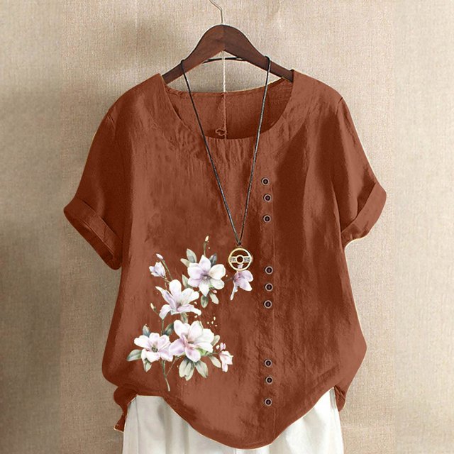Birdeem T-Shirt Ample Décontracté d'Été pour Femme à Col Rond, Manches Courtes, à Imprimé Floral