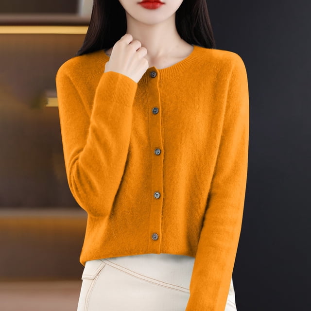 Baberdicy Haut en Tricot Uni pour Femme, Cardigan à Col Rond Ouvert à l'Avant, Cardigan Uni à Col Rond, Chandail en Tricot Décontracté, Haut de Tous les Jours Orange m