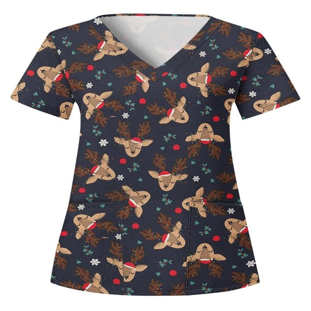 Hauts Style Infirmière à Imprimé Renne pour Femmes T-shirt de Noël
