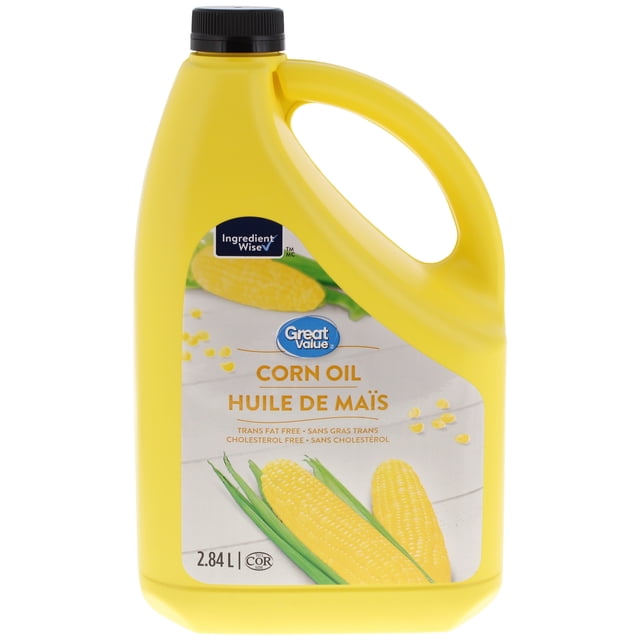 Great Value Huile de Maïs dans une Pichet en Plastique Jaune de 2,84 L avec Bouchon à Vis Noir, Étiquetée avec Épis de Maïs et Enveloppes Vertes, Sans Gras trans et Sans Cholestérol, Idéale pour la Poêle, la Cuisson et les Vinaigrettes.