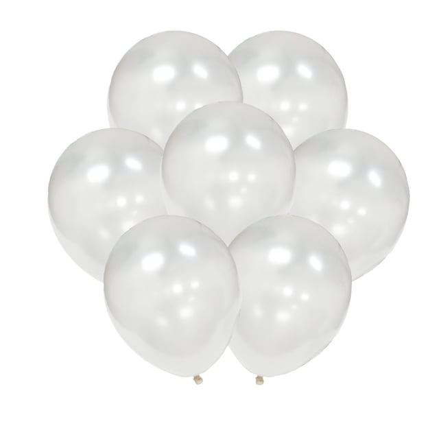 Way To Celebrate 12Pcs Balloons Pearl White, 12CT x 12in Helium Latex Balloon showing seven pearl white latex balloons inflated to 12 inches with a glossy surface, biodegradable and suitable for helium or air inflation, ideal for weddings, graduations, and baby showers.