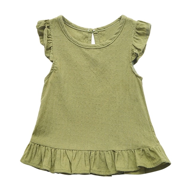 LLYWEY Toddler Girls Ruffle Tops, Baby Girl Linen Ruffles Hem Sleeveless T-Shirts, Kids Solid Color Keyhole Back Summer Round Neck Sleeveless Loose Casual Blouses Shirts, Style-T-12, Green, 3T