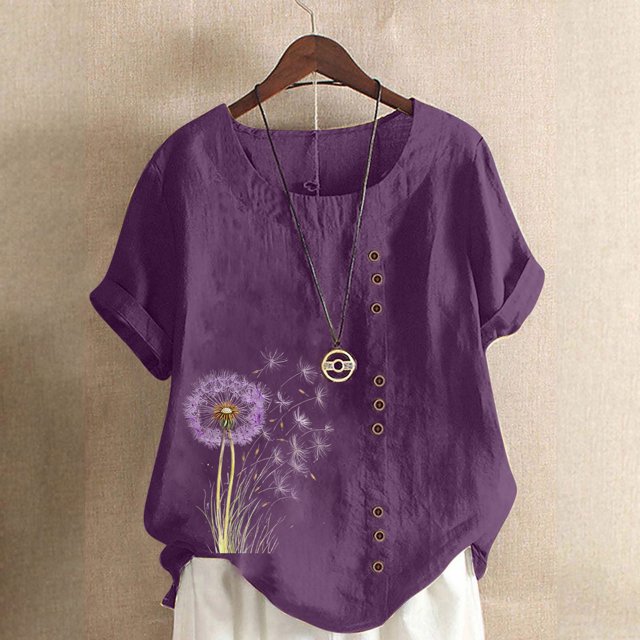 Mareep Blouse pour Femmes P-5TG Femme Décontractée en Lin à Col Rond Haut Grande Taille Imprimé à Manches Courtes T-shirt à Boutons Blouse Liquidation de Hauts pour Femmes, Cadeau