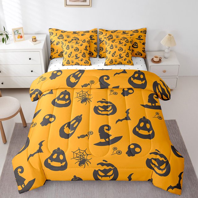 YST 7Pcs Kids Cartoon Pumpkin Comforter Set, Spooky Bat Witch Hat, Polyester, King Size (7 Count)