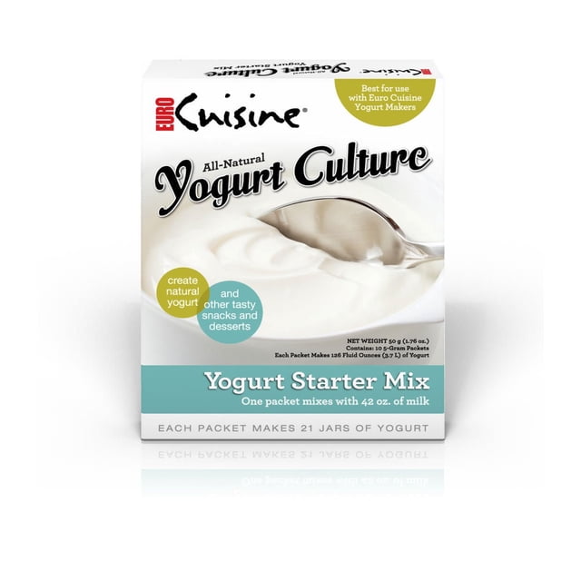 Euro Cuisine, RI1020, Yogurt Culture Starter Kit box with 10 all-natural 5-gram packets for making smooth, creamy yogurt at home, mixing one packet with 42 oz. of milk; also suitable for preparing natural yogurt snacks and desserts.