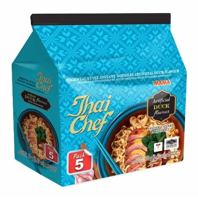 Thai Chef Instant Noodles Duck Flavour pack of 5 sealed bowls with brand name and duck-flavour label; ready in 3 minutes, product of Thailand; serving directions note seasoning then pour 350 mL boiling water, cover and wait 3 minutes; often used as a quick pantry meal.