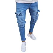 Ketyyh-chn99 Mens Baggy Jeans 2024 Regular Loose Fit Pants Shorts Mens Summer Casual Bodybuilding Pocket Denim Hole Sports Full Length Pants Blue,L